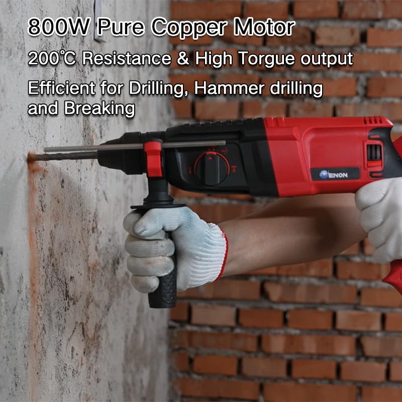 ENON 26Mm Hammer Drill Machine 800W, Reversible & Variable Speed Hammer Drill With Three Functions, 1100 Rpm With Drill Chuck Adaptor & Screwdriver Bits, Heavy Duty (Xe-2261), Red & Black ENON 26Mm Hammer Drill Machine 800W, Reversible & Variable Speed Hammer Drill With Three Functions, 1100 Rpm With Drill Chuck Adaptor & Screwdriver Bits, Heavy Duty (Xe-2261), Red & Black